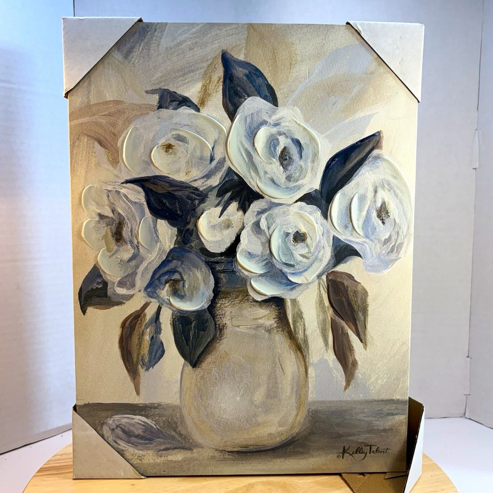K. Kelly Talent Signed Floral Vase Painting Canvas Wall Art 16x12 Hobby Lobby